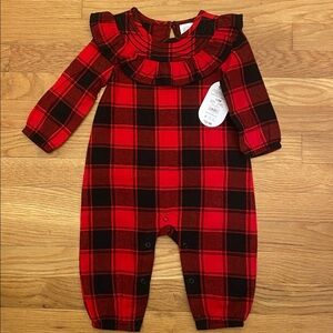 Wonder Nation Red and Black Plaid Romper with Hair Bow